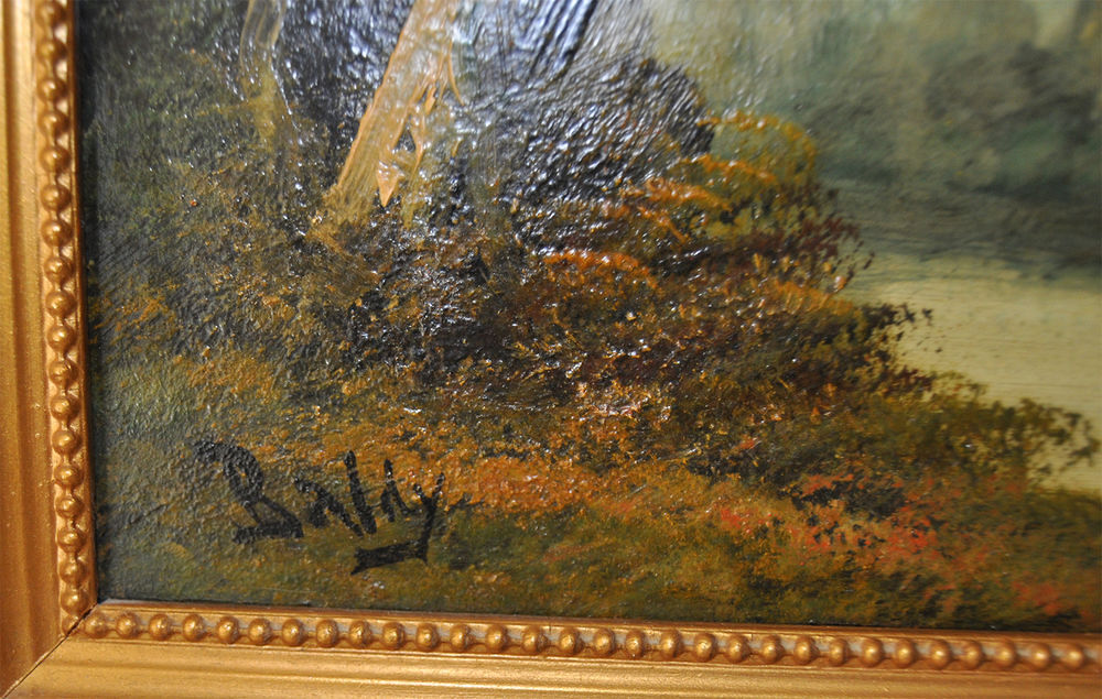 Peinture originale &agrave; l'huile paysage forestier / p&ecirc;cheur Décoration