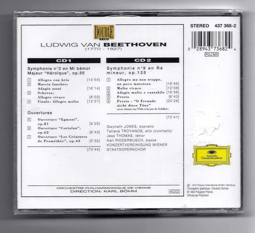BEETHOVEN -2 x CD- SYMPHONIE N&deg;3 H&Eacute;RO&Iuml;QUE + N&deg;9 + OUVERTURES CD et vinyles