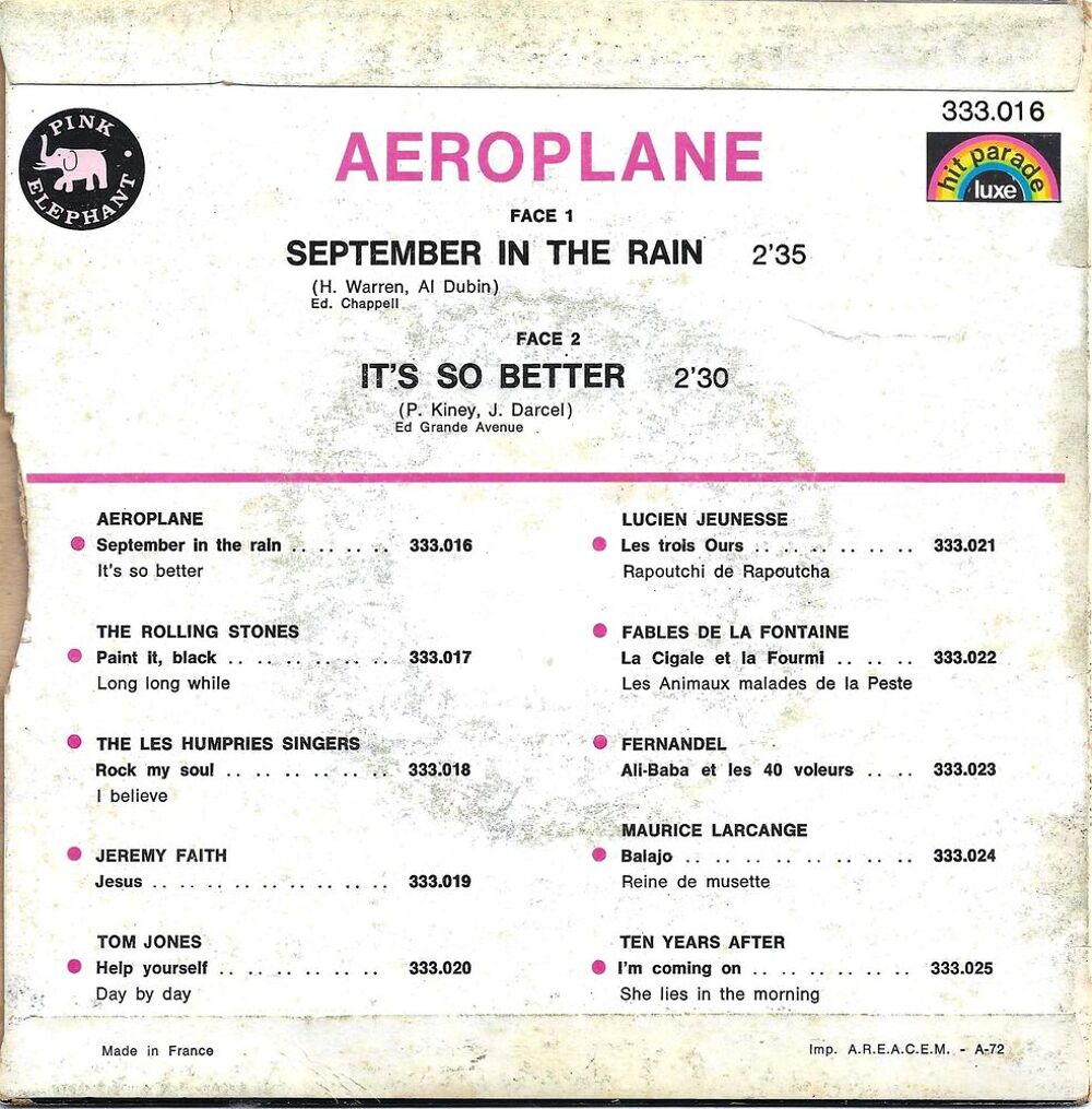 Aeroplane "September in the Rain/It's so Better" CD et vinyles