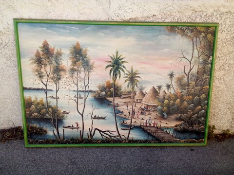 PEINTURE NAIVE VILLAGE LACUSTRE AFRICAIN dimens 2.50m x1.75m Les Sablettes (83)