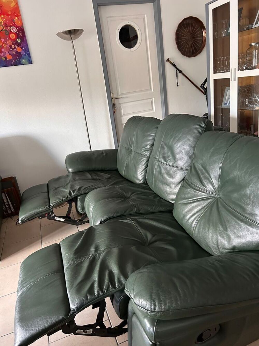 Salon cuir vert canap&eacute; et 2 fauteuils Meubles