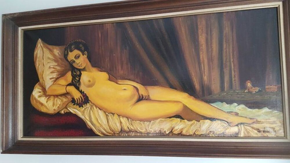 Jolie peinture sign&eacute;e femme nue allong&eacute;e N&deg;1232 