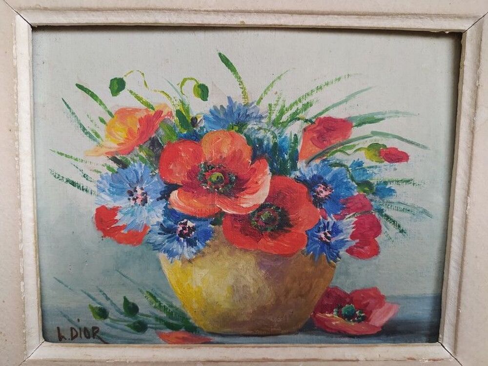 Tableau Bouquet de Fleurs Coquelicots Bleuets Sign&eacute; L. Dior 