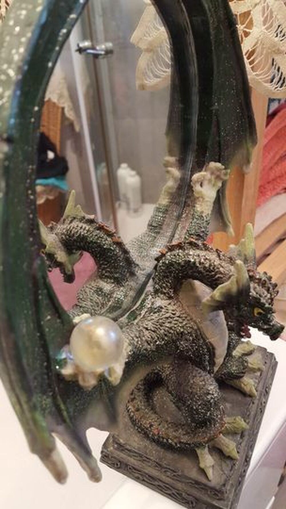  Miroir grand dragon vert sign&eacute; peint main N&deg;1162 
