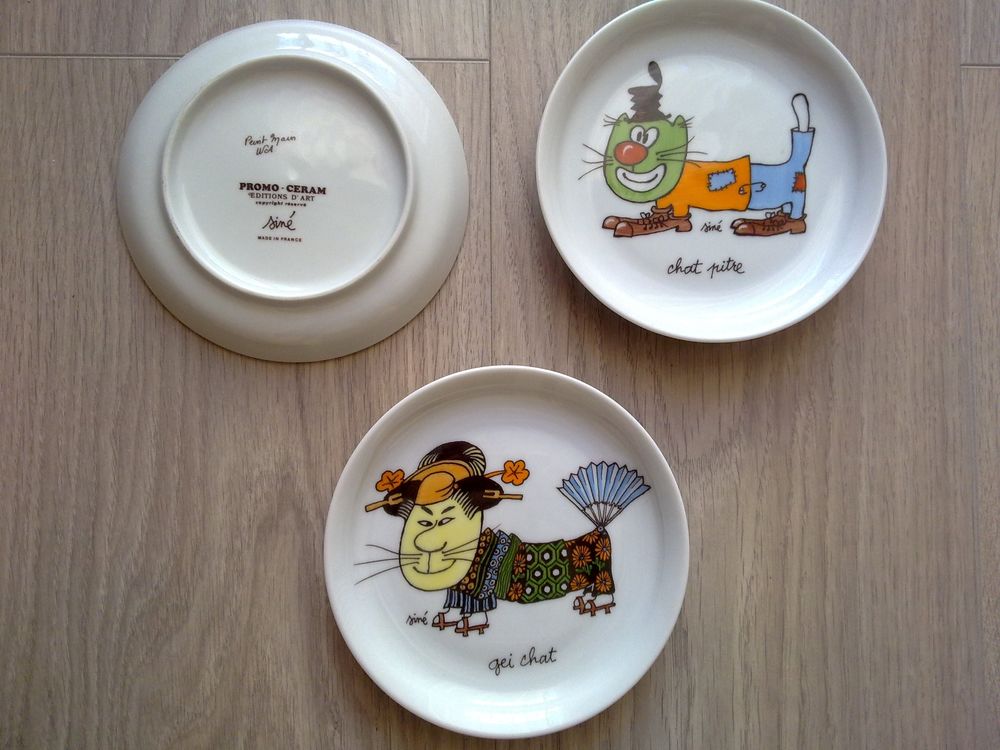 assiettes coupelles humoristiques chat sign&eacute;es Sin&eacute; Décoration