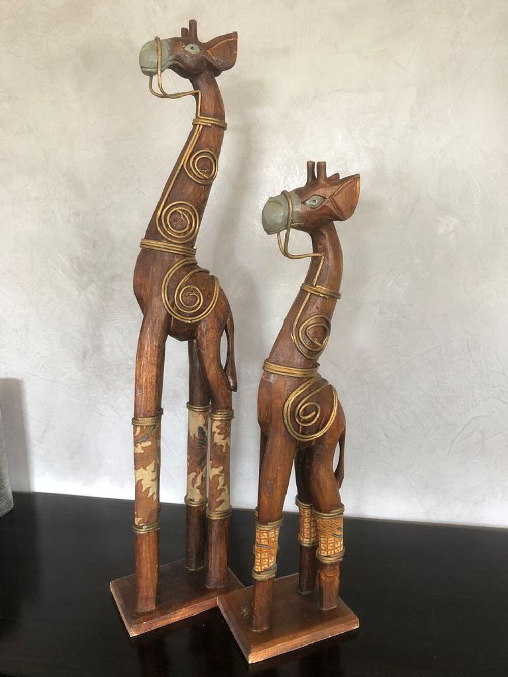 Ensemble De 3 Girafes En Bois Sculptées à La Main - Hauteurs 100 Cm 60 Cm 40 Cm - Style Africain Bali