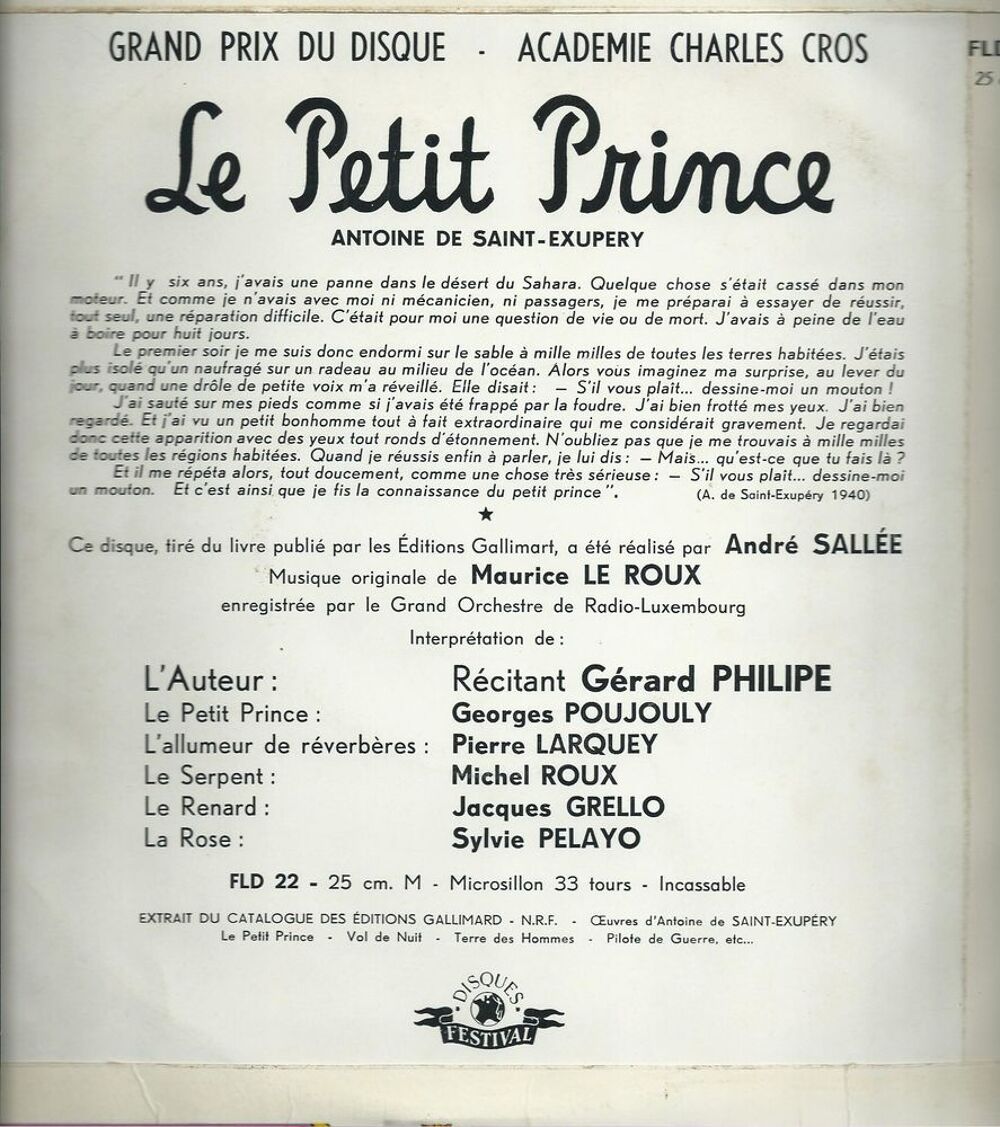 Vinyle 33T 25 cm le petit prince antoine de saint-exup&eacute;ry CD et vinyles