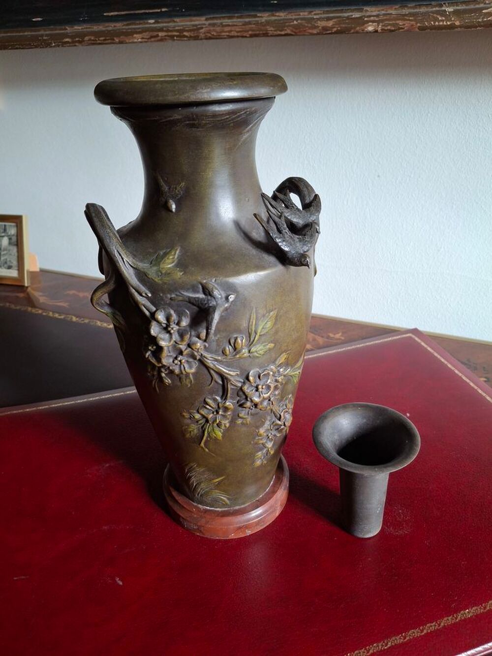 Paire vases art nouveau r&eacute;gule triple patine sign&eacute;s Moreau Décoration