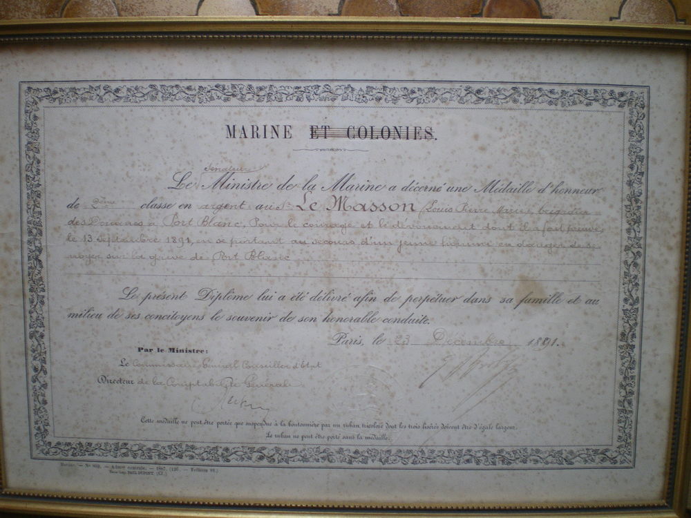 Dipl&ocirc;me de la Marine et des Colonies. 