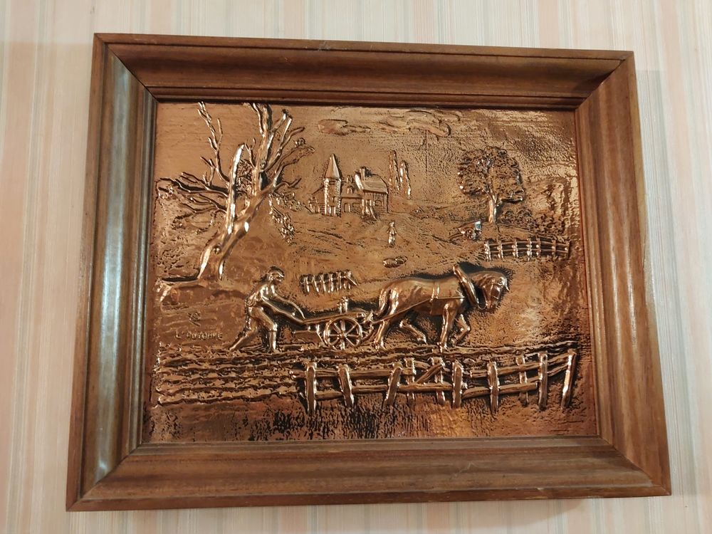 Tableau 52x42 sc&egrave;ne de labour &agrave; cheval en bon &eacute;tat Décoration