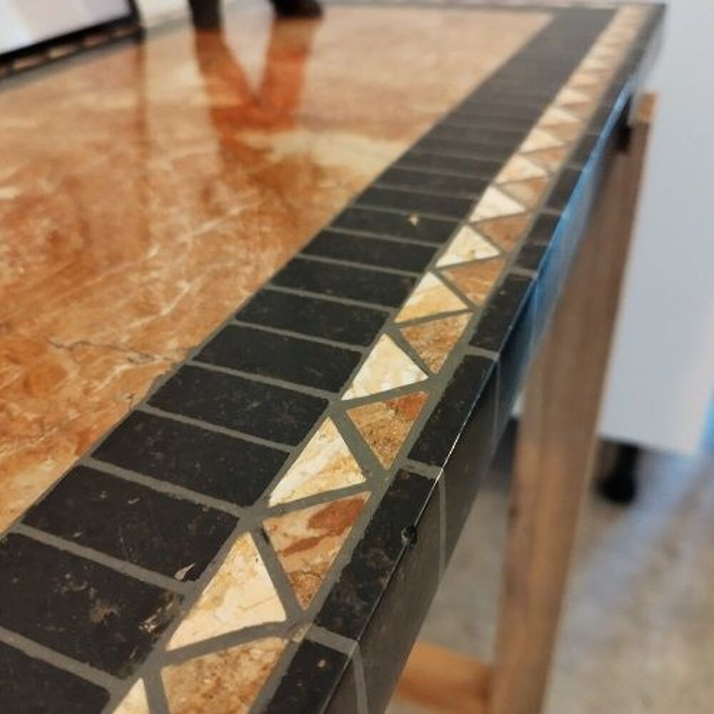 Table console, pi&egrave;tement bois, plateau marbre Meubles