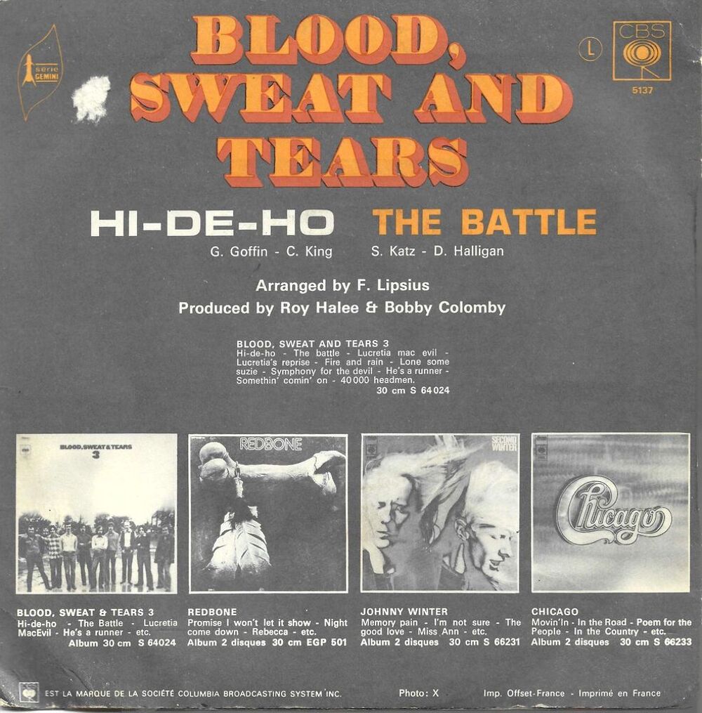 Blood, Sweat and Tears "Hi De HO" CD et vinyles