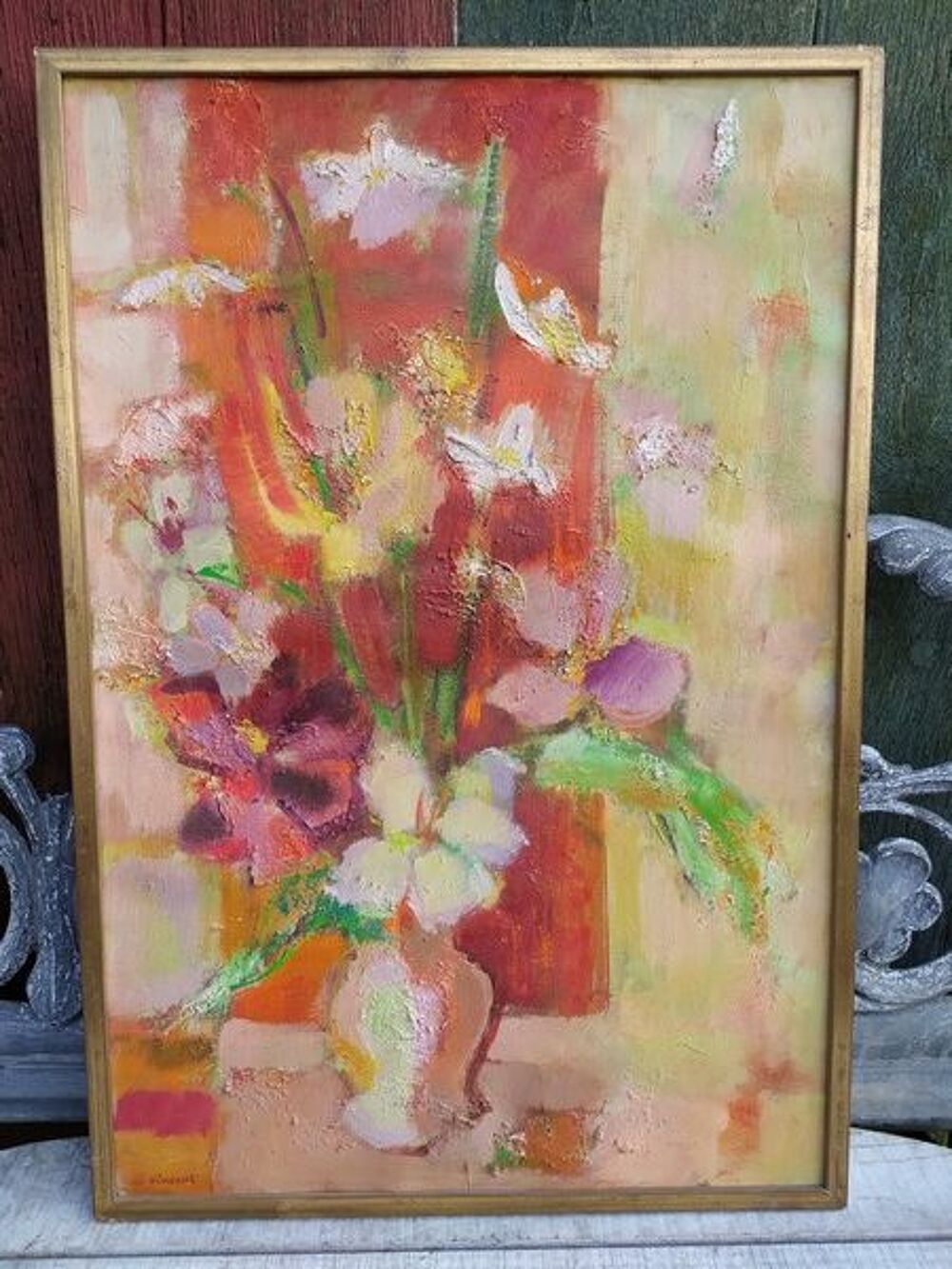 Tableau Bouquet de Fleurs Peinture &agrave; l'Huile Sign&eacute; Vincent Décoration