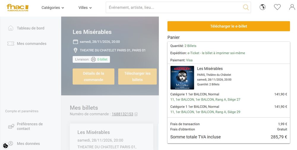 2 places - Les Mis&eacute;rables - Th&eacute;&acirc;tre Ch&acirc;telet - 28/11 Billetterie