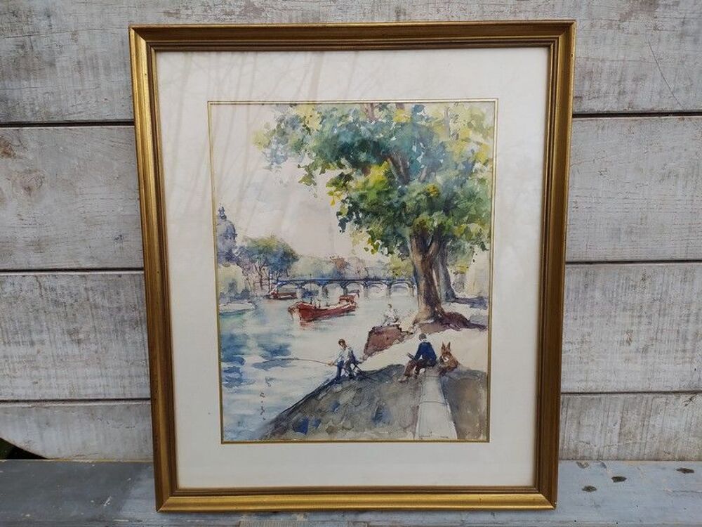 Tableau Aquarelle Paris Bord de Seine Anim&eacute;e ca1960 