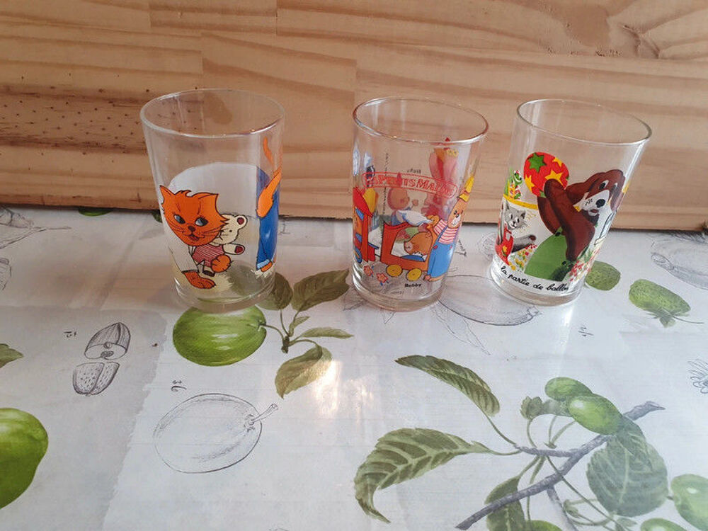Lot de 3 Verre dessin anim&eacute; 
vintage 
made in france Décoration