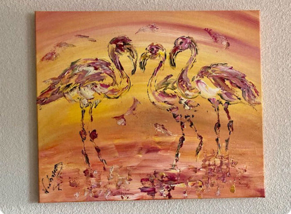 Tableau Flamants roses Peinture sur toile Camargue 55x46cm Neuf Original Décoration