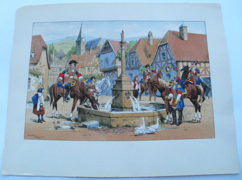 Gravure Pierre A LEROUX Soldats militaires &agrave; la fontaine Décoration