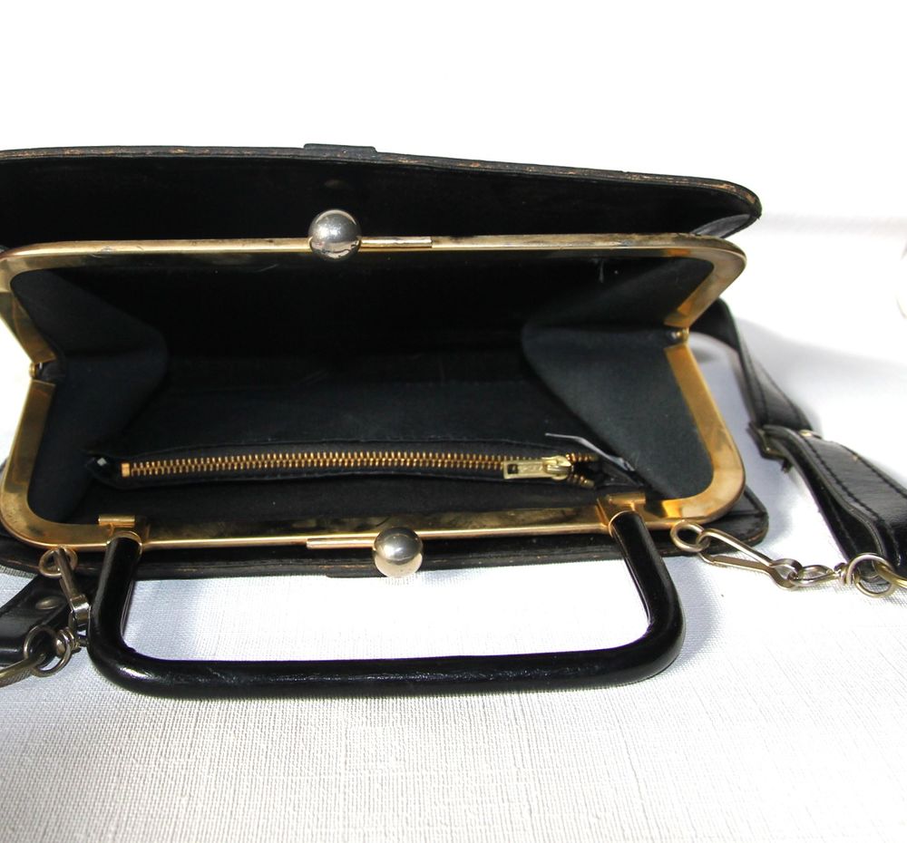 El&eacute;gant sac noir vintage en cuir v&eacute;ritable. style 60/70 Maroquinerie