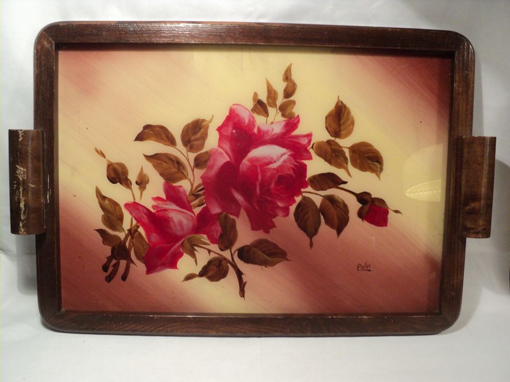 Plateau D&eacute;cor Roses Peinture Fix&eacute; Sous Verre 1930/1940 Décoration
