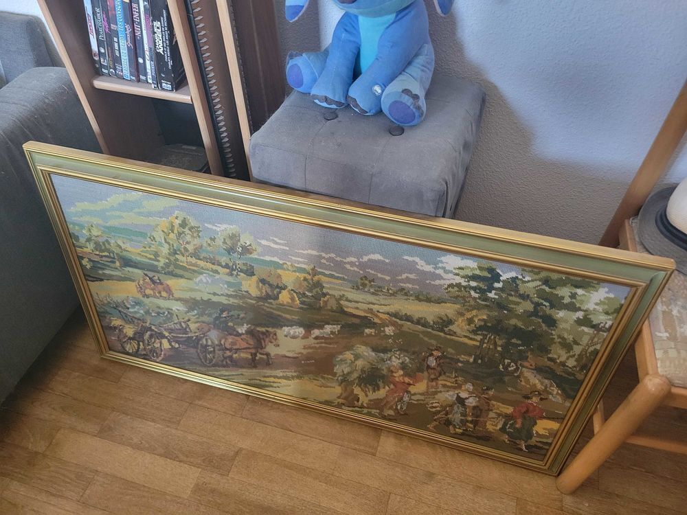 Tableau canevas brod&eacute; a la main de campagne occasion 113x58cm Décoration