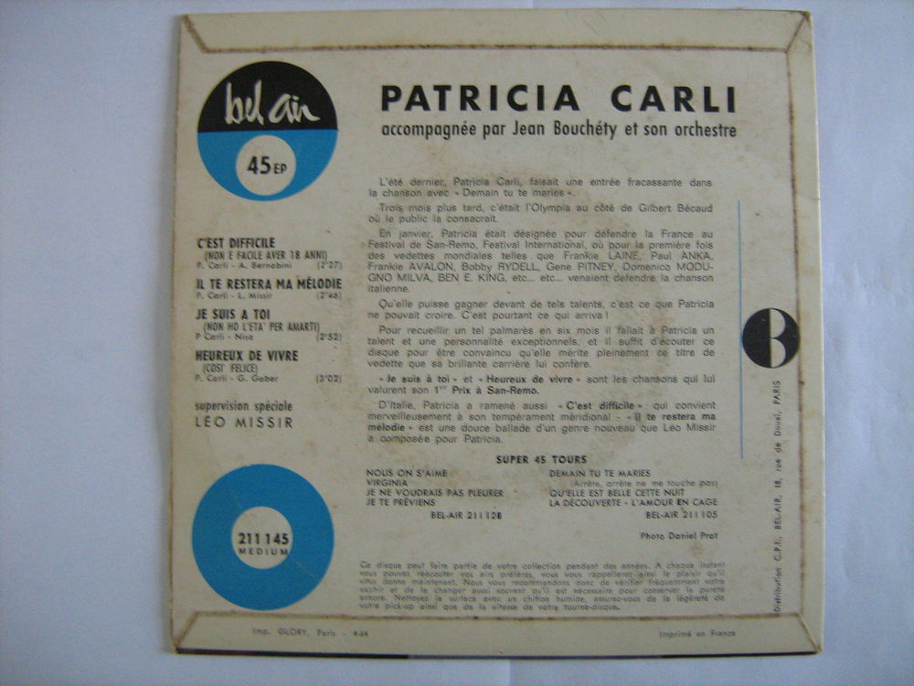 PATRICIA CARLI JE SUIS A TOI sur disque BEL A N&deg; 211145 CD et vinyles