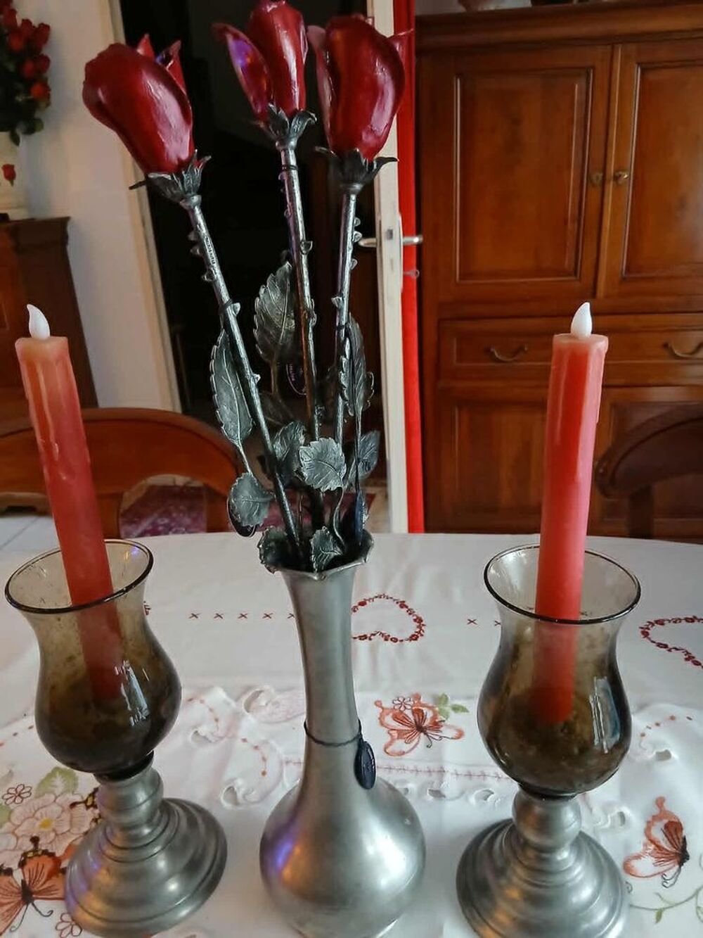  Vase vintage 3 roses &eacute;tain 2 photophores &eacute;tain verre bull&eacute; D�coration