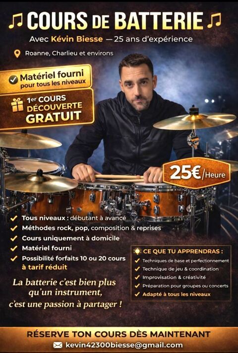 Cours de batterie 25 ans d exp&eacute;rience Roanne et Charlieu  0 42300 Roanne