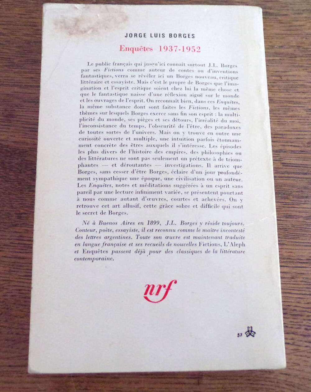 Enqu&ecirc;tes 1937-1952 Jorge Luis Borges Gallimard nrf 1978 Livres et BD