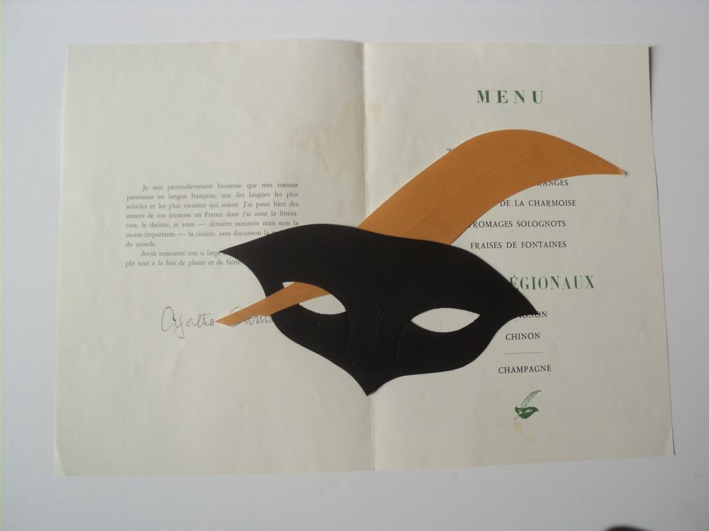 Menu Diner Prix Roman Masque Plume Agatha Christie 1976 Livres et BD
