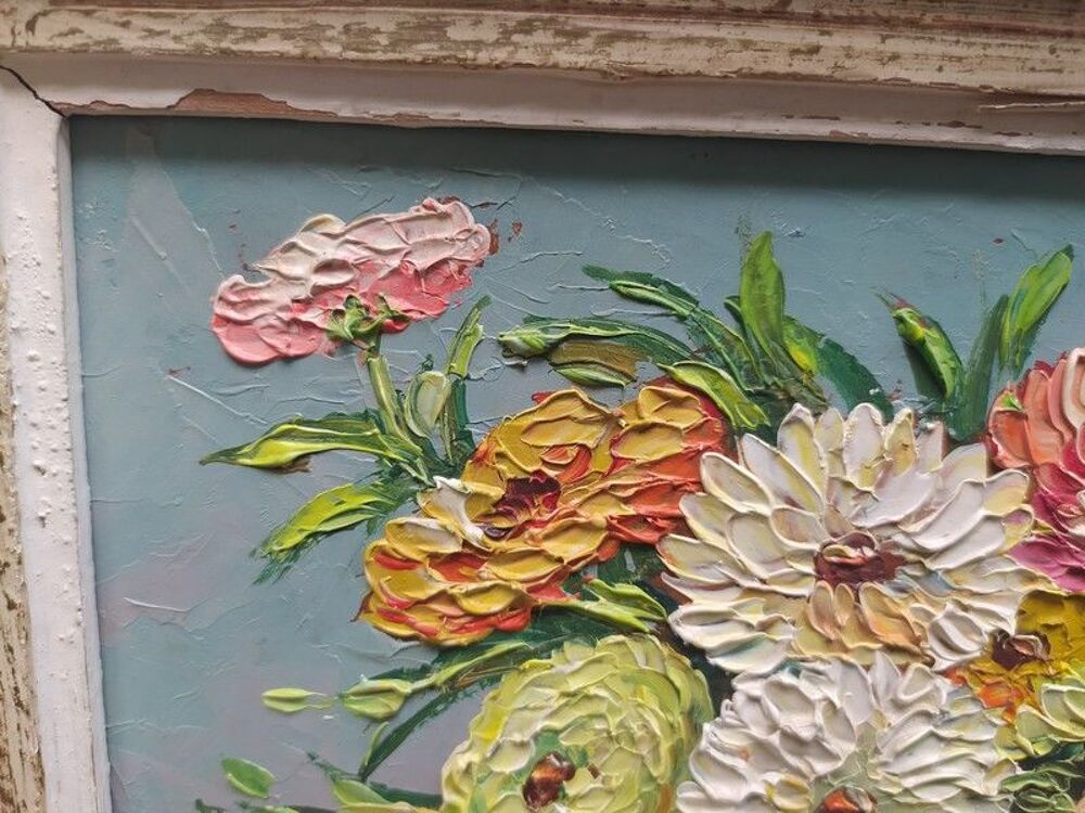Tableau Nature Morte Fleurs Oeillets Sign&eacute; De Mervil 