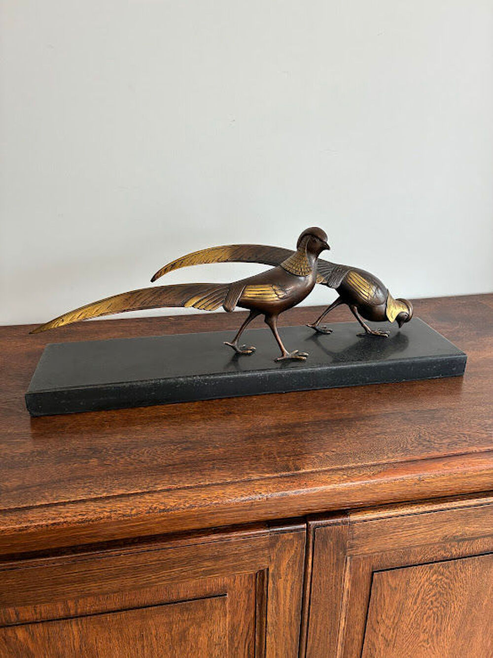 Sculpture en Bronze 2 faisans dor&eacute;s Art D&eacute;co Lorino Décoration