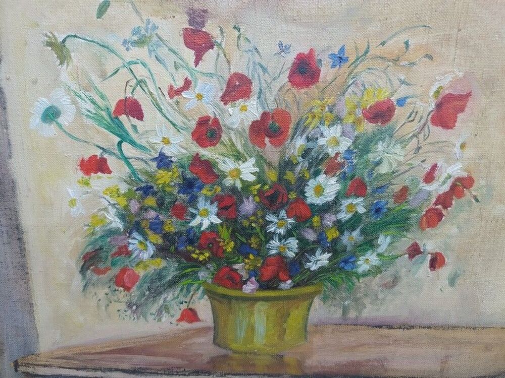 Ancien Tableau Sc&egrave;ne d'Int&eacute;rieur Bouquet de Fleurs Décoration