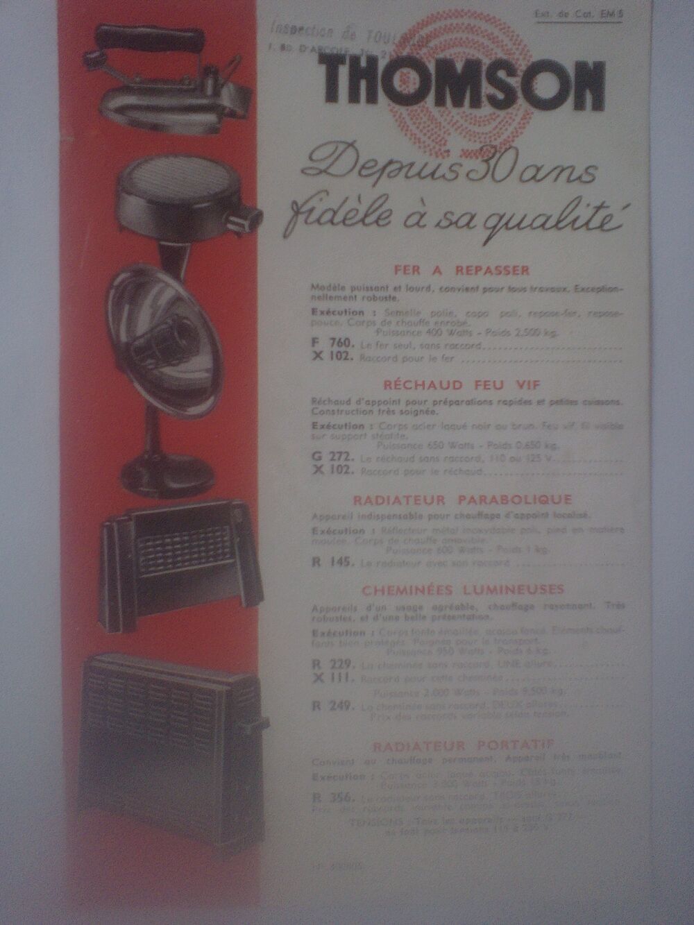 Thomson-Houston Paris &eacute;lectro-m&eacute;nager Fer R&eacute;chaud Radiateur 