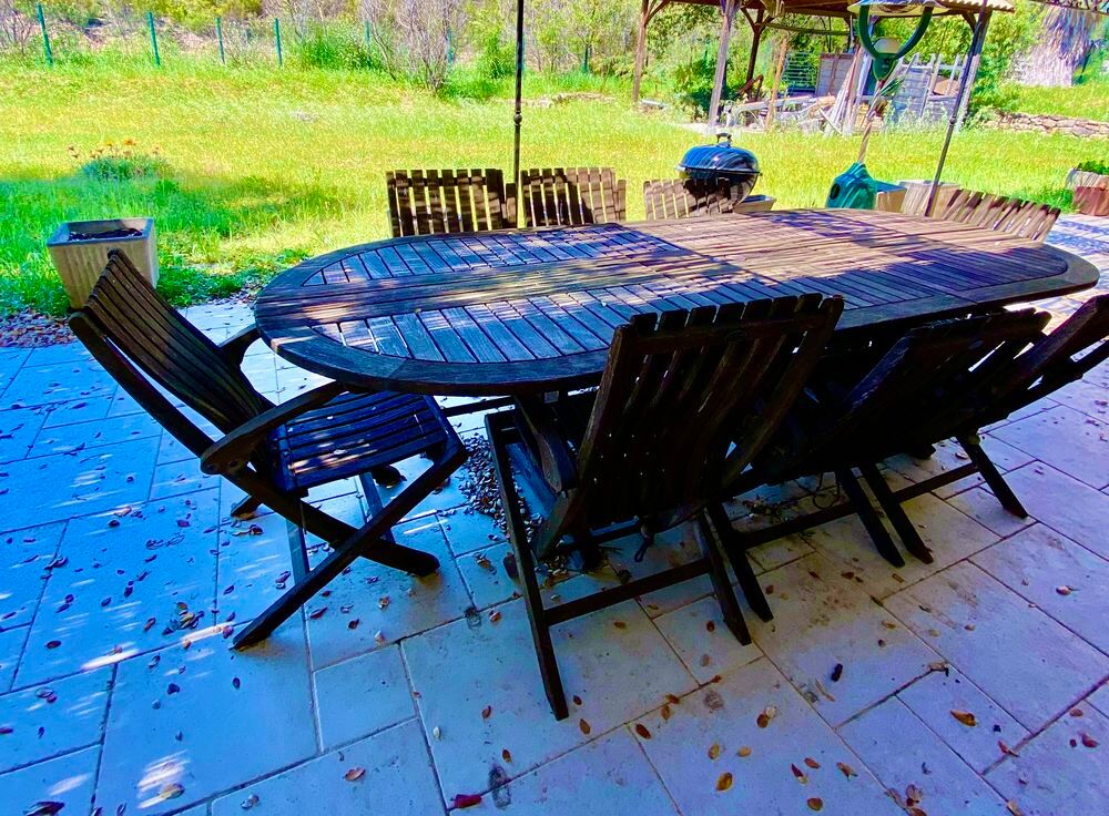 TABLE 3m et 8 FAUTEUILS pliants en TECK Jardin
