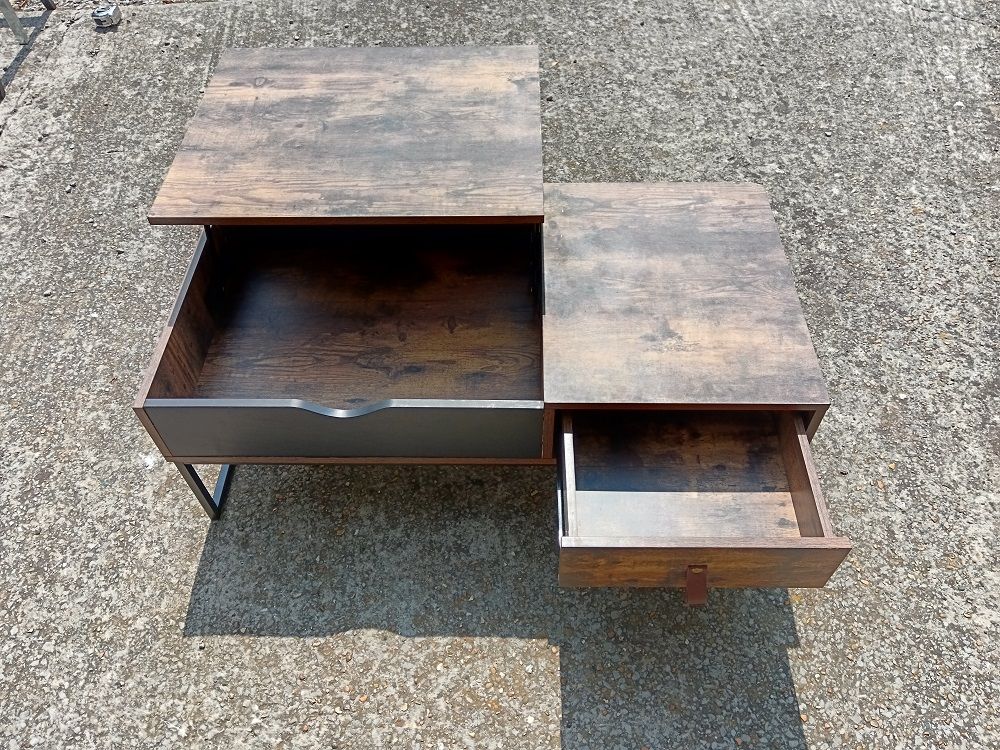 Table basse plateau relevable et un tiroir en bois et m&eacute;tal Meubles