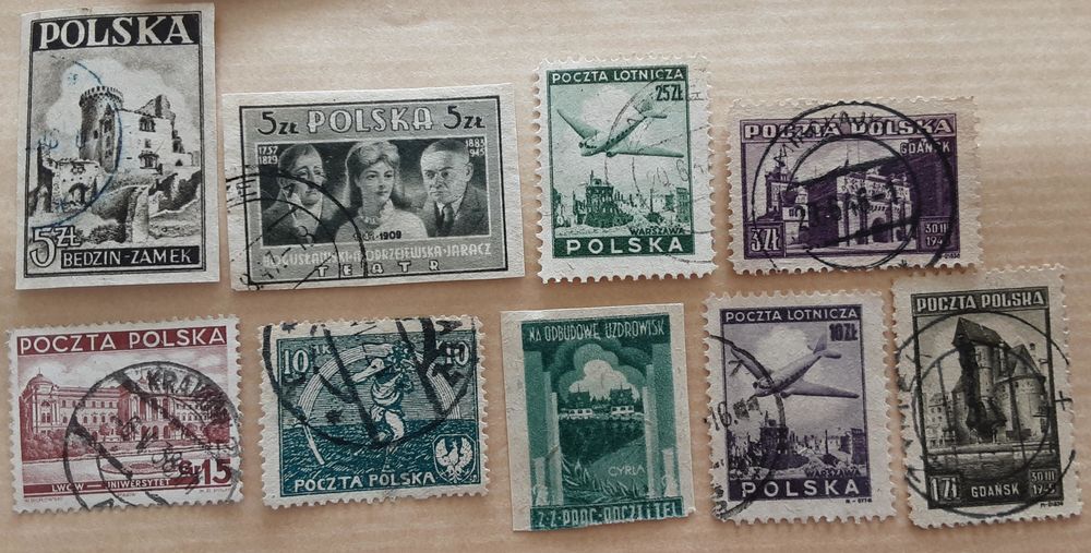 9 timbres &agrave; collection POLOGNE oblit&eacute;r&eacute;s des ann&eacute;es 1946-47 
