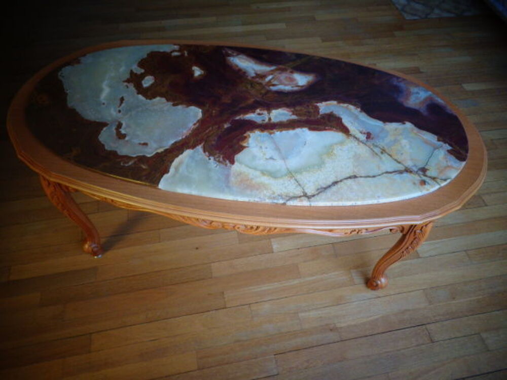 Table basse ovale Style Louis XV en h&ecirc;tre massif et Onyx Meubles