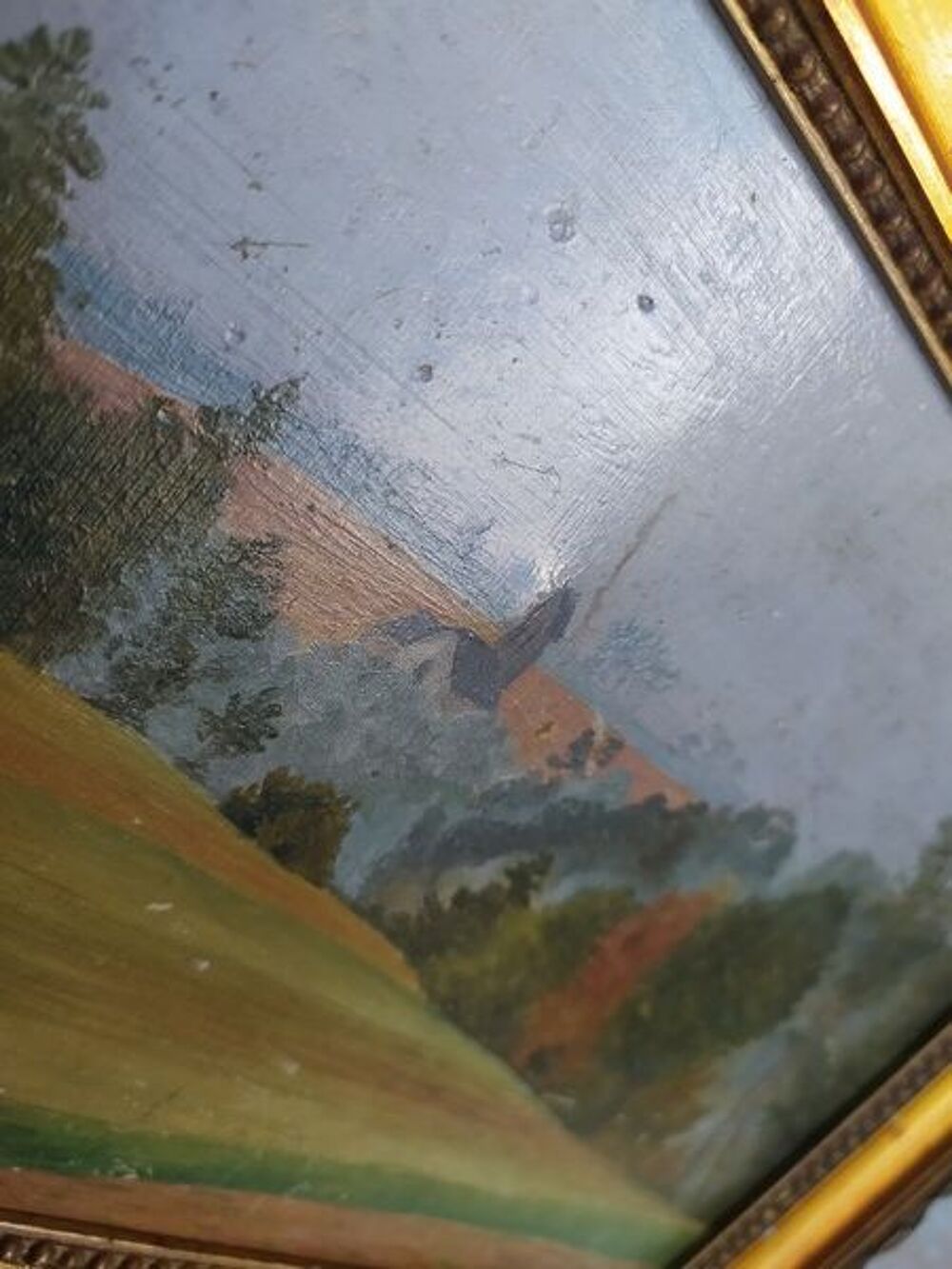 Petit Tableau Paysage de Campagne Vue sur Clocher 