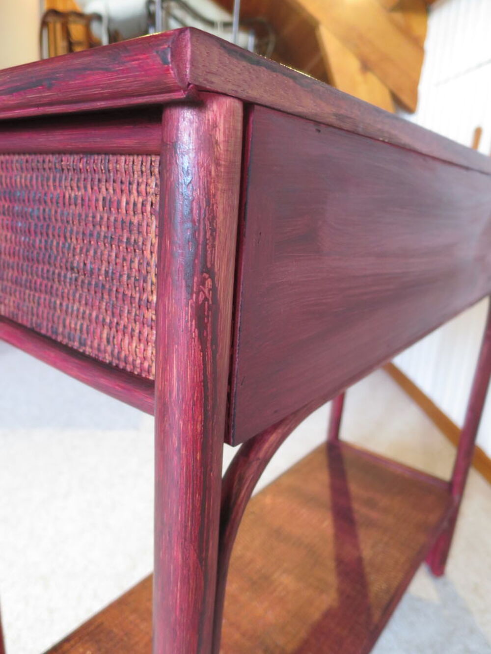 Vintage-console 2 tiroirs - en bois et rotin tress&eacute;-ann&eacute;e 80 Meubles
