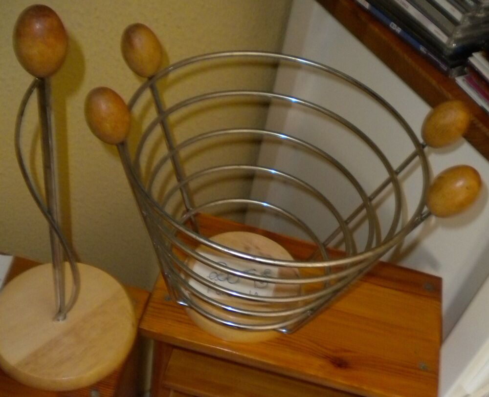 Corbeille et Support rouleau m&eacute;tal et bois Cuisine