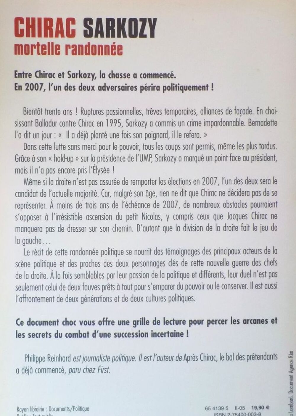 CHIRAC SARKOZY MORTELLE RANDONNEE par Philippe REINHARD Livres et BD
