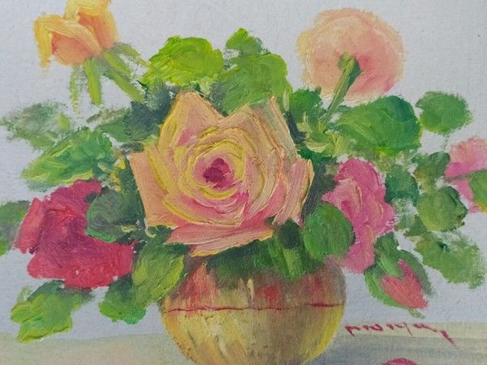 Petit Tableau Bouquet de Fleurs Roses Sign&eacute; 
