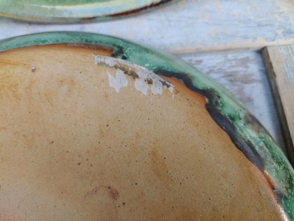 4 Assiettes Gr&egrave;s &Eacute;maill&eacute; Vert Porterie Artisanale Décoration
