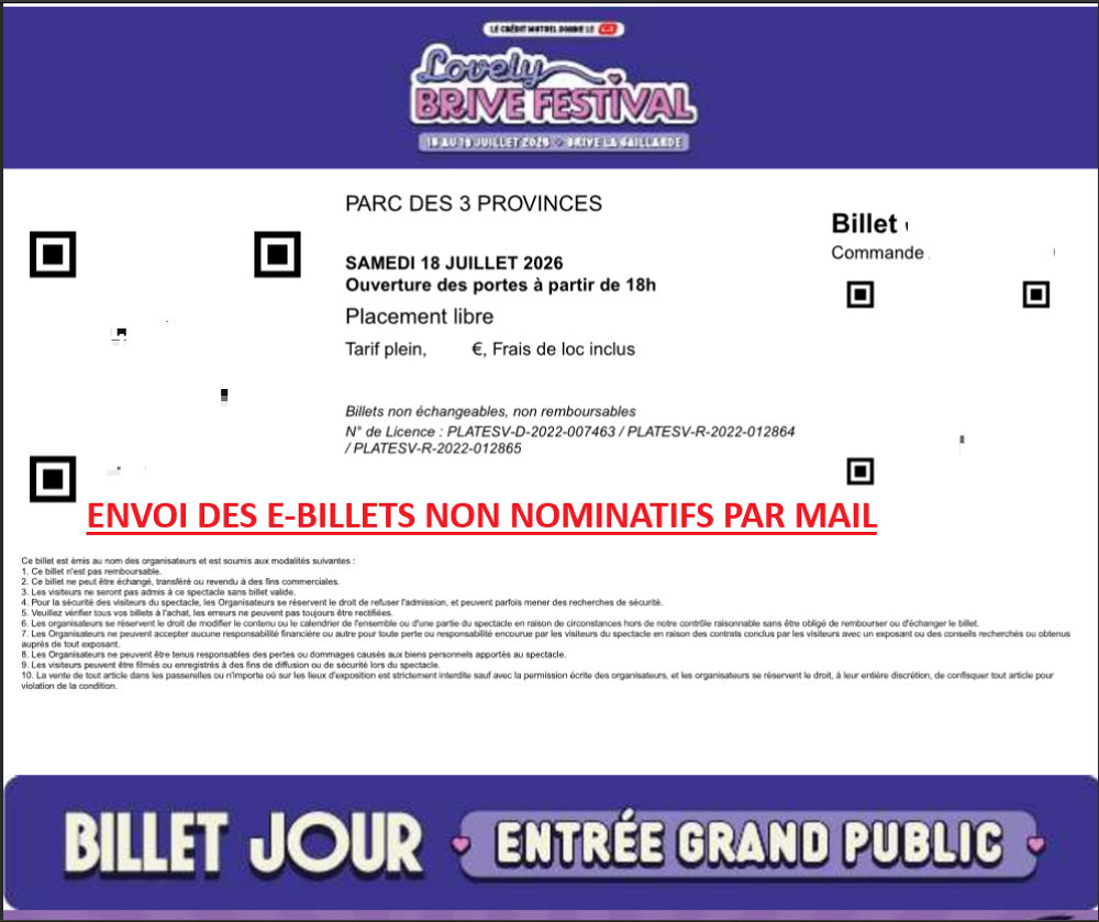 2 billets pour Lovely Brive Festival samedi 18 juillet &agrave; 18h Billetterie