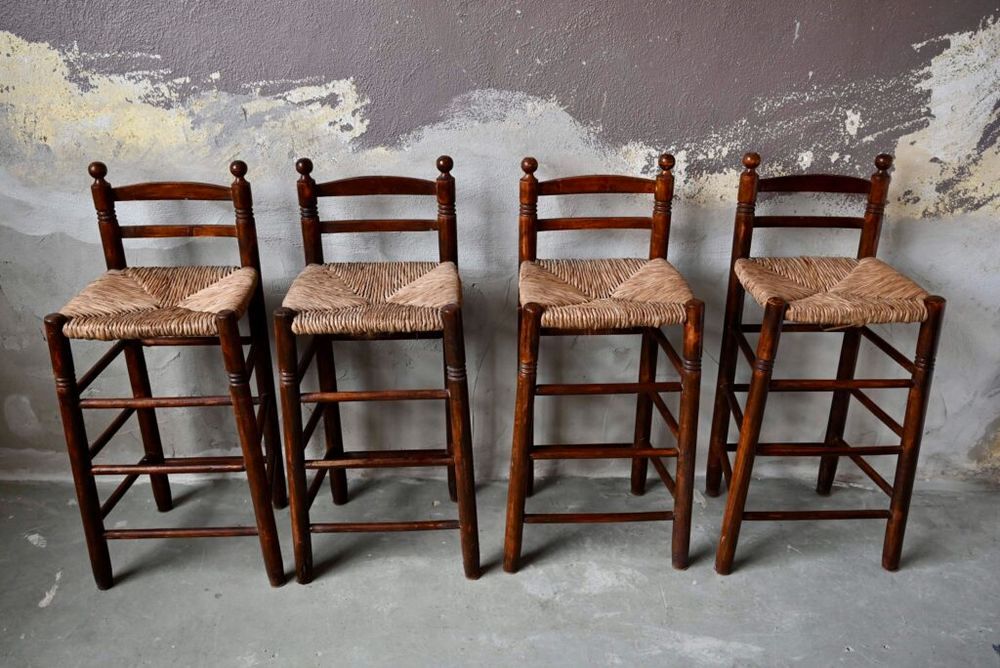 Lot de 4 Tabourets haut de bar ancien en bois et paille Meubles