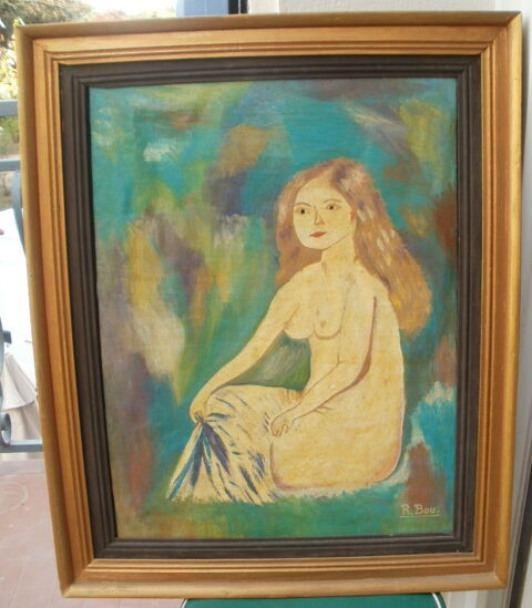Huile sur toile signée R. BOU et encadrée  la belle nudiste 60 Montauban (82)