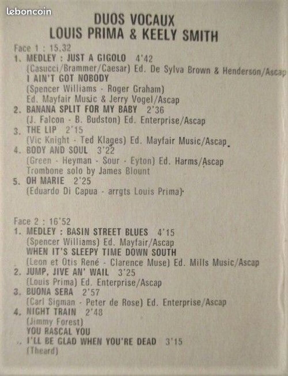 Cassette audio Louis Prima CD et vinyles