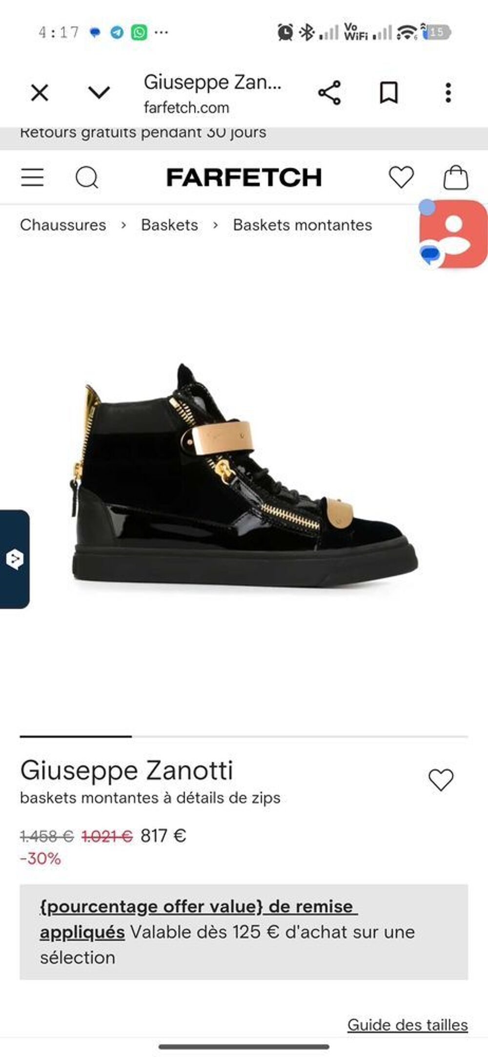 Sneakers Giuseppe Zanotti montante crocodile boucle dor&eacute;e Chaussures
