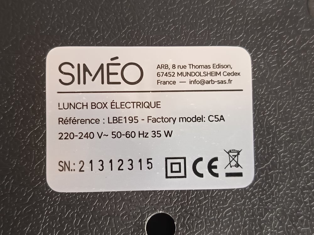 Lunch box Noir SIMEO Electrique LBE195 Neuf et Complet 35W Electroménager
